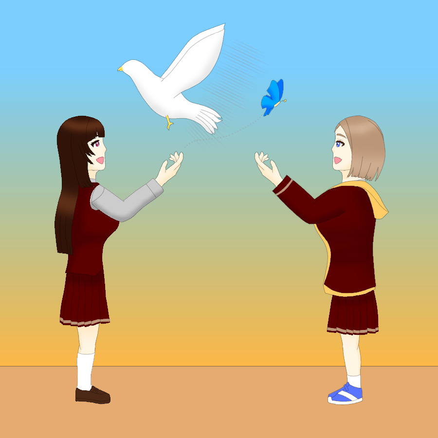 二人の交差する未来への門出に向けて…
終末世界(黄昏)から日常(青空)へ…
二人の門出に幸あれ！
#おわらじありがとう
#終末ART
#終末RADIO
#胡蝶由芽
#小鳥遊酔