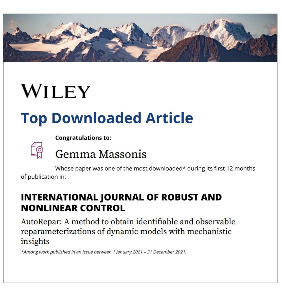 GemmaMassonis's tweet photo. That is incredible!! AutoRepar has received the distinction of #topdownloadedarticle in #IJRNC. Our work (@julio_r_banga @AlexFVillaverde ) aims to surmount Structural Identifiability issues in mechanistic models. https://t.co/4ukqqs3R0y