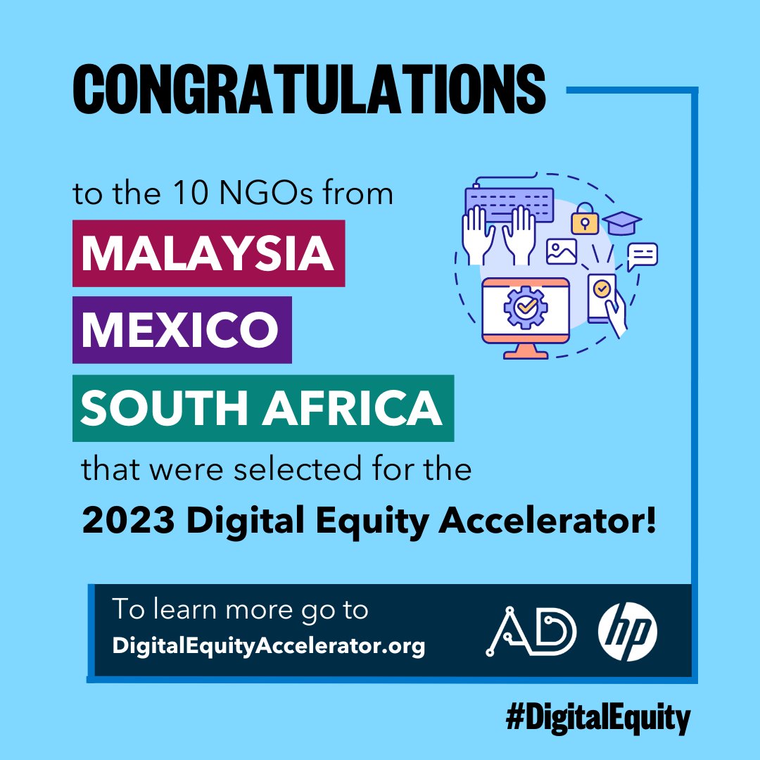 Congratulations to the 10 NGOs selected for the 2023 Digital Equity Accelerator! <a href="/AspenInstitute/">The Aspen Institute</a>'s <a href="/AspenDigital/">Aspen Digital</a> and <a href="/HP/">HP</a> are excited to help each  organization scale their work to close the #DigitalDivide and address inequality in their communities. #digitalinclusion 1/5