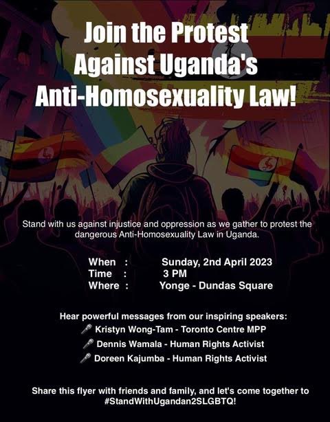 There will be a rally on Sunday against the anti-LGBTIQ law in Uganda and to show support for LGBTIQ Ugandans both here in Toronto and back home.

Sign this solidarity statement by the end of March 30th!
forms.gle/5SrtUXQbWzirdu…

Sunday, April 2nd, 3PM at Yonge-Dundas Square.