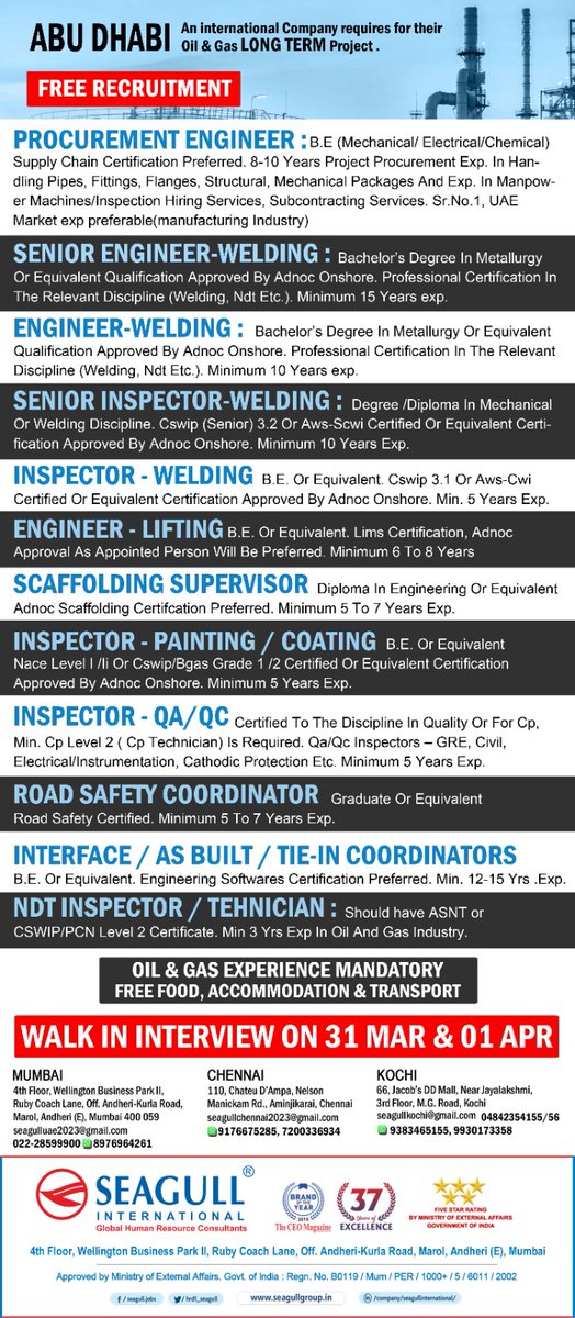 ABU DHABI 
.
.
#abudhabi #gulfjobs #gulfjobseekers #procurement #engineer #seniorengineer #welding #engineer #welding #senior #inspector #lifting #scaffolding #supervisor #inspector #painting #coating #qa #qc #interface #ndtinspector #mumbaijobs #chennaijobs #kochijobs