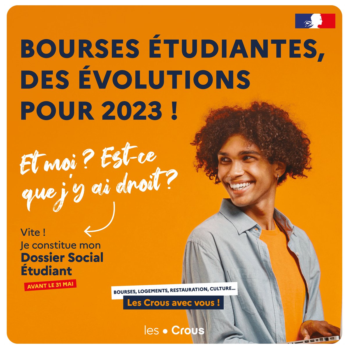 Cnous_LesCrous's tweet photo. Le DSE c’est maintenant ! Constitue ton Dossier Social Étudiant pour ta demande de bourse et de logement ! ⚠ Tu as jusqu’au 31 mai 2023.
https://t.co/4KvQpL5TZs https://t.co/hIZ4RTPblJ