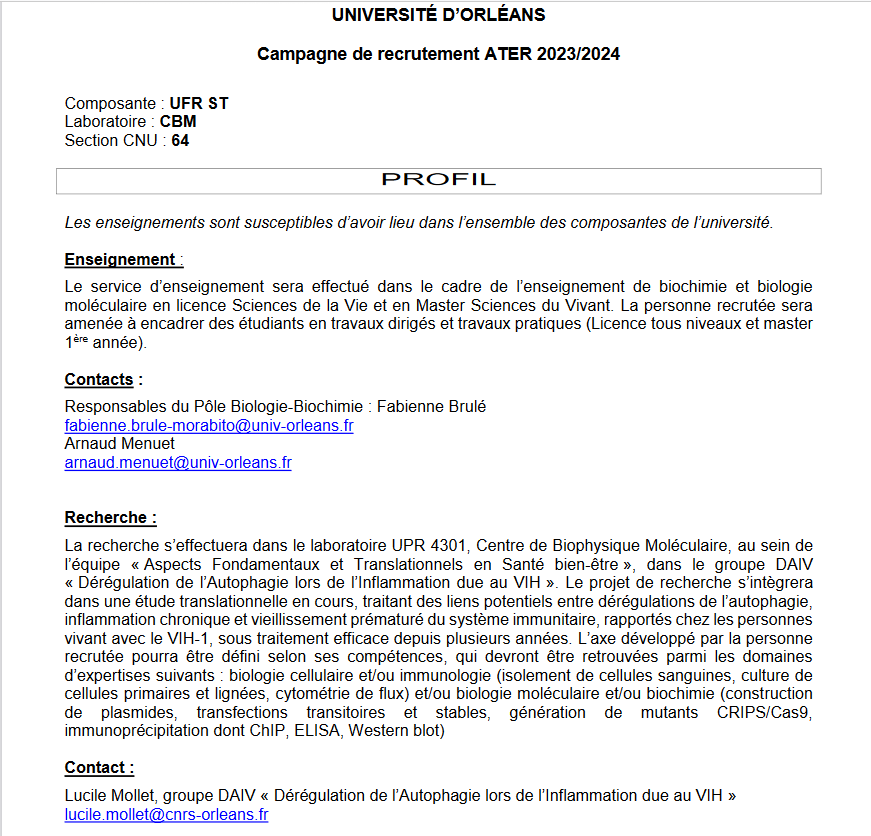 Un poste d'ATER l'an prochain te tente, et tu penses que c'est trop tard ? Que non, chez nous, c'est MAINTENANT ! 
Mots-clés : vieillir avec le VIH - autophagie - inflammation - phytocannabinoïdes
Enseignement : tkt, tu seras sous mon aile ;-)
RT appréciés
#AutophagyRocks