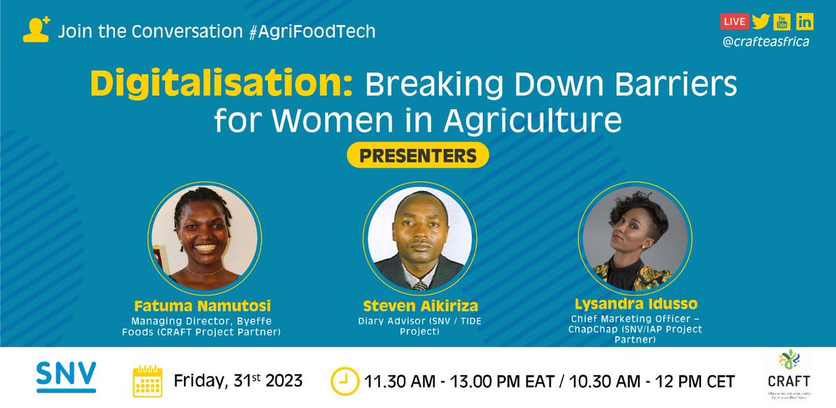 crafteastafrica's tweet photo. #MeetThePresenters
Have a look at the amazing presenters that will be speaking at our webinar tomorrow, starting 11.30 AM EAT.
They will be showcasing the different ways digitalisation can be used to achieve gender equality in #Agric
Come & interact with them!
#AgriFoodTech https://t.co/gM175gZoaY