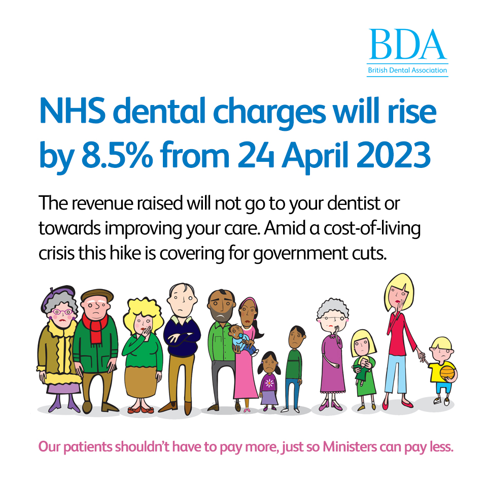 The NHS are putting up patient charges from April 24th. This is a government movement and not the practice. Dental practices do not get a say in the price of NHS dental care and they do not benefit from this price increase.

<a href="/TheBDA/">BDA</a> #taxonteeth