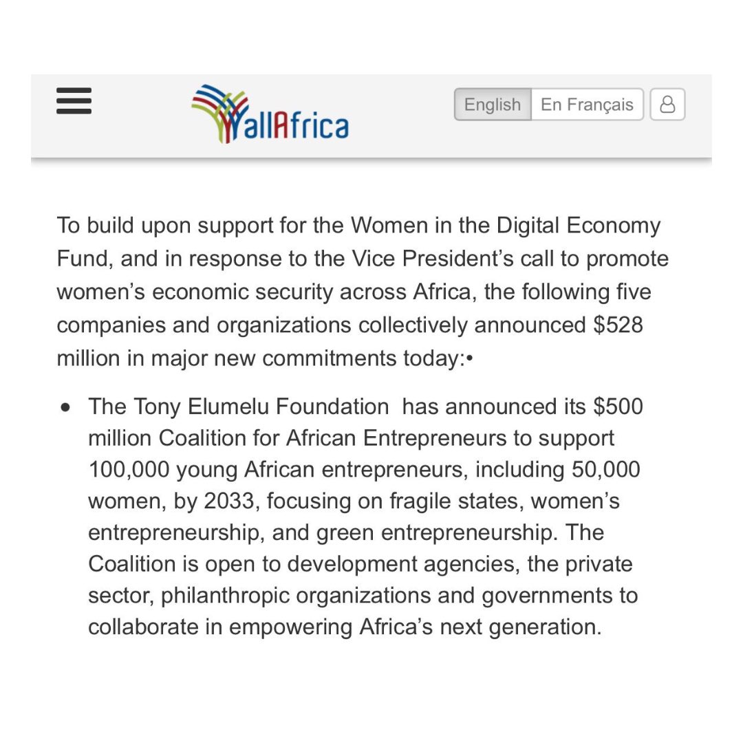 TonyElumeluFDN's tweet photo. #TEFXUSGovt IS OFFICIAL! 🎉🎉

The Tony Elumelu Foundation has announced its $500 million Coalition for African Entrepreneurs to support 100,000 young African entrepreneurs, including 50,000 women, by 2033, focusing on fragile states, women's entrepreneurship, ... https://t.co/oWIQuZafrg