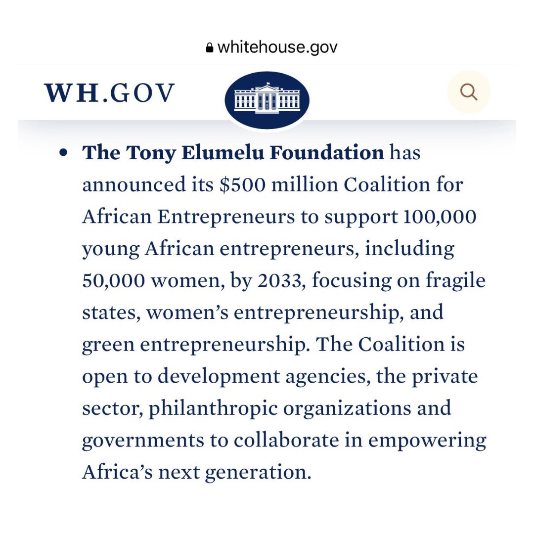 TonyElumeluFDN's tweet photo. #TEFXUSGovt IS OFFICIAL! 🎉🎉

The Tony Elumelu Foundation has announced its $500 million Coalition for African Entrepreneurs to support 100,000 young African entrepreneurs, including 50,000 women, by 2033, focusing on fragile states, women's entrepreneurship, ... https://t.co/oWIQuZafrg