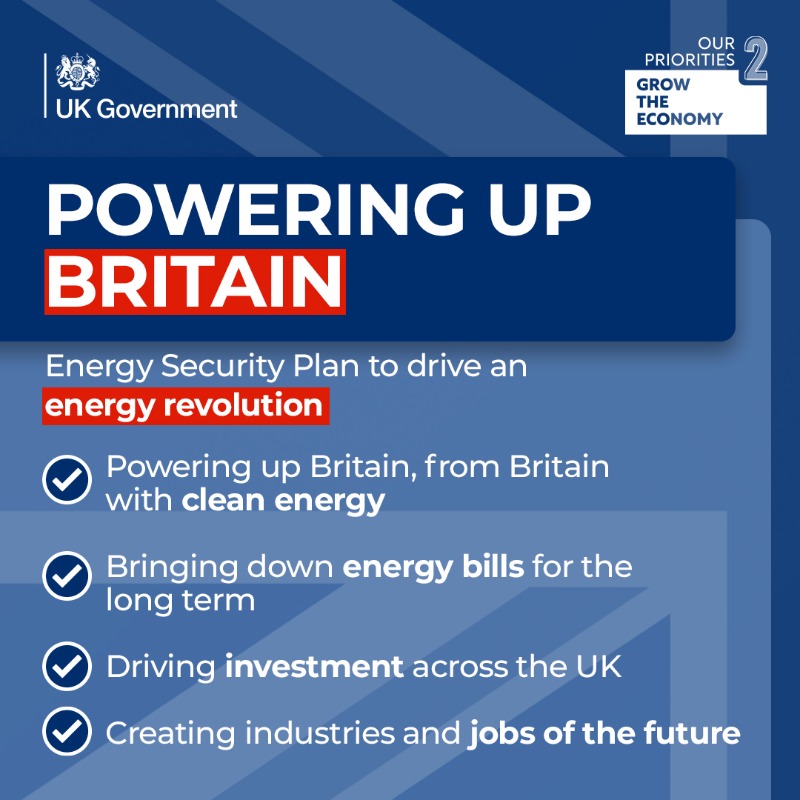 10DowningStreet's tweet photo. Today we’re announcing an Energy Security Plan which will help drive down household bills and secure the UK’s energy supply through home-grown power:  

➡️ Bringing down energy bills for the long term
➡️ Driving investment across the UK
➡️ Creating jobs of the future