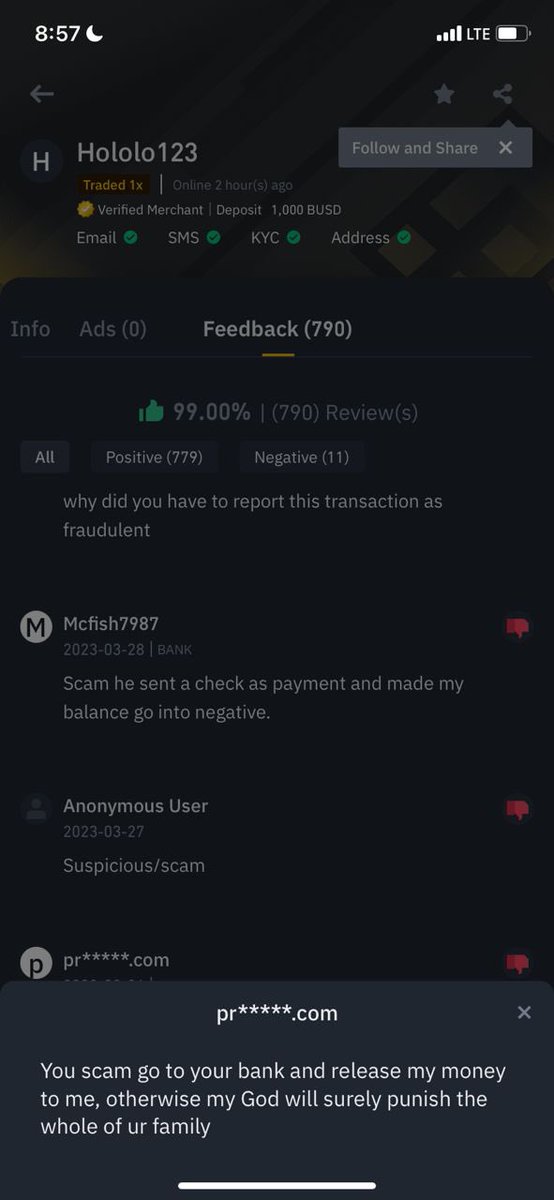 bewareoffriends's tweet photo. Please beware of this Merchant in Binance P2P! After selling crypto to him he  will report the transaction as a fraudulent transaction and your account will be restricted!Go to his feed back and see others who re suffering same thing with me now @BinanceHelpDesk @BinanceAfrica! https://t.co/XlooY4Wtqx