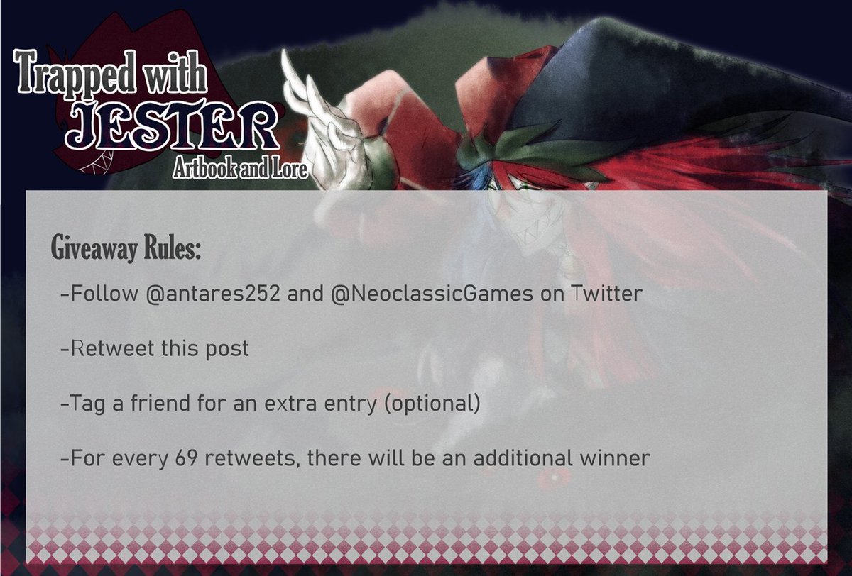 Antares252's tweet photo. Trapped with Jester Artbook and Lore giveaway!

To join:
-Follow @antares252 and @NeoclassicGames 
-Retweet this post
-(OPTIONAL) Tag a friend for an extra entry
-There will be an extra winner for every 69 RTs🤡
-No giveaway accounts

Winner/s will be announced on April 25! https://t.co/7612pMCTej