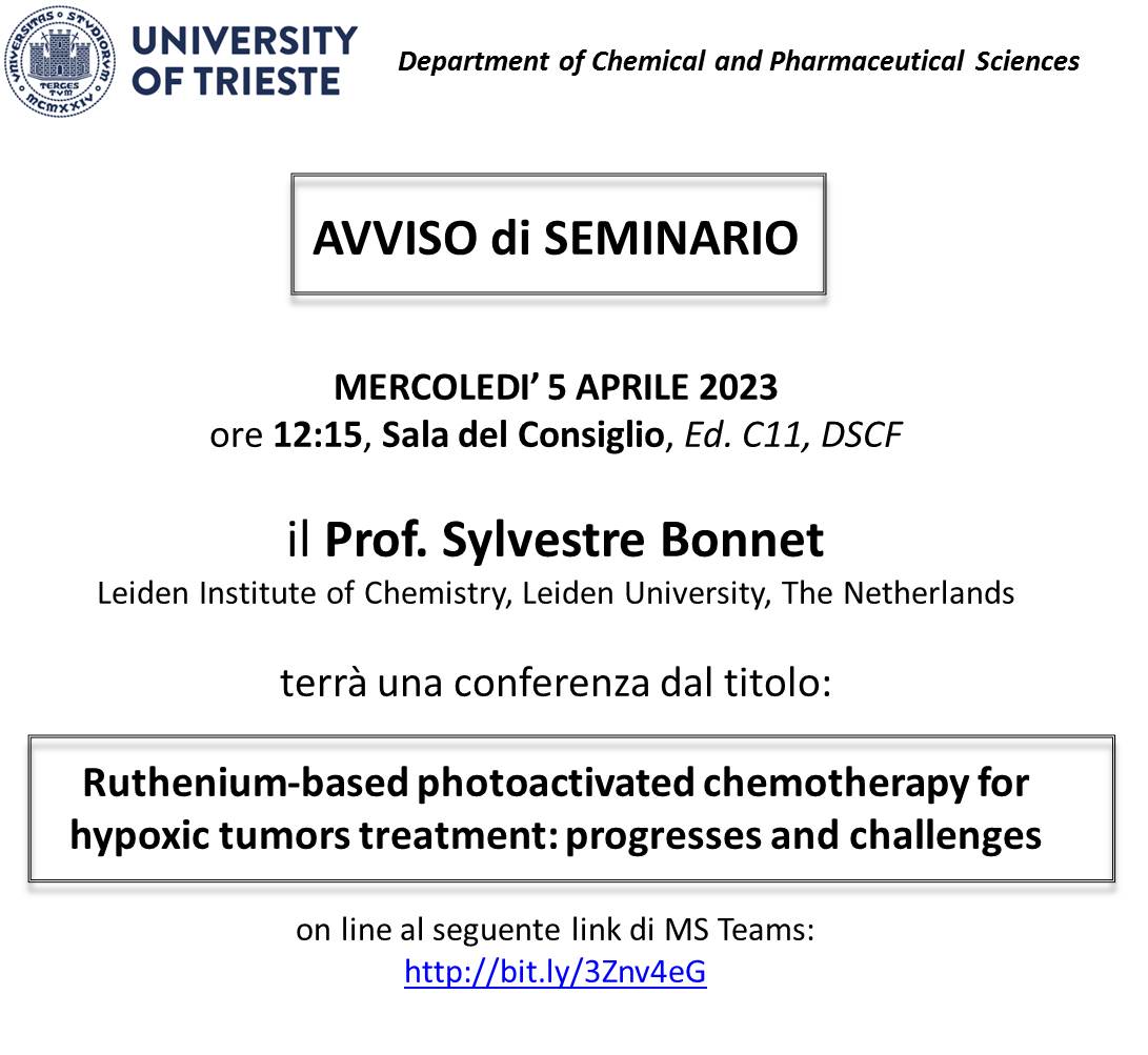 Chemical & Pharmaceutical Sciences at UniTS (@dscf_units) on Twitter photo We are delighted to host Prof @BonnetSylvestre who is giving a research #seminar on Wed 05 April 2023 at 12:15 on his work on photocatalysis, protein inhibitors for cancer , supramolecular chem, lipid membranes or polymersomes, time-resolved spectroscopy. <a href="/UniTrieste/">Università di Trieste</a> #chemistry We are delighted to host Prof @BonnetSylvestre who is giving a research #seminar on Wed 05 April 2023 at 12:15 on his work on photocatalysis, protein inhibitors for cancer , supramolecular chem, lipid membranes or polymersomes, time-resolved spectroscopy. <a href="/UniTrieste/">Università di Trieste</a> #chemistry