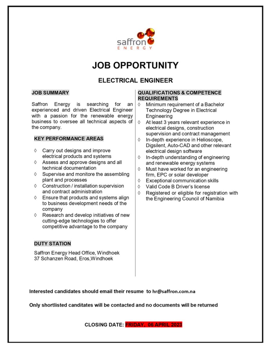 Jobs Namibia on Twitter "Vacancies available at Saffron Energy. Job