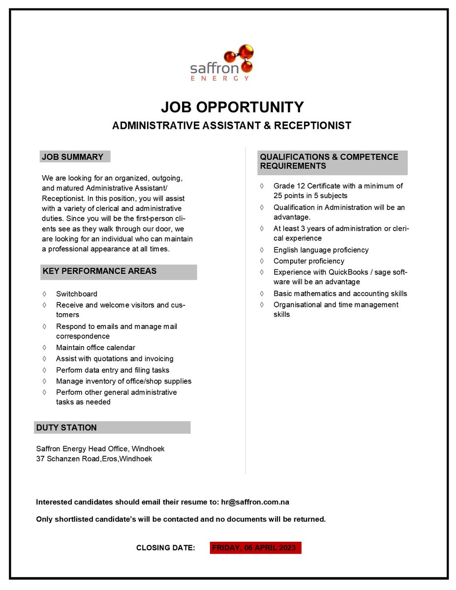 Jobs Namibia on Twitter "Vacancies available at Saffron Energy. Job