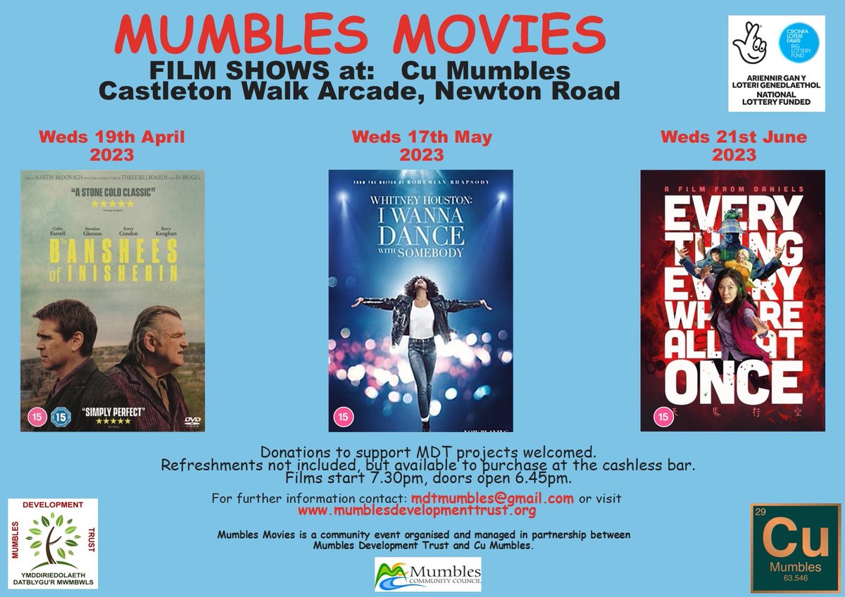MDTMumbles's tweet photo. Coming soon! MDT’s Mumbles Movies screenings for April, May and June at our partner venue Cu Mumbles, Newton Road, Mumbles. Please check back for further details very soon! https://t.co/rqaHaBtuI8