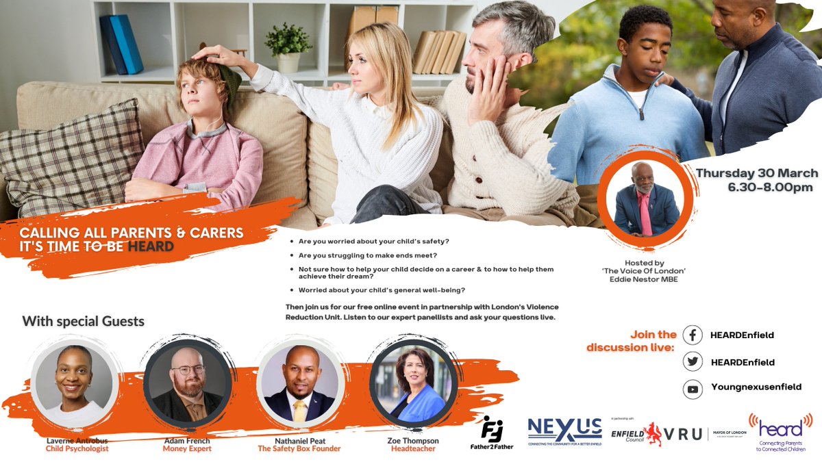 💻 Join us tonight live on @HEARDEnfield social media for an event dedicated to parents and carers in partnership with @EnfieldCouncil, @Father2fatherUk and @NexusEnfield 💡 Our Director, @LibPeck will be joining @EddieNestorMBE to discuss our commitment to parents and carers