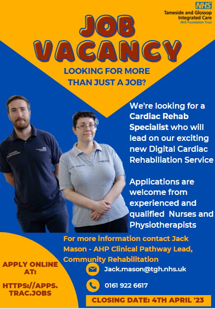 🚨Exciting Job Opportunity!🚨
<a href="/tandgicft/">T&G Integrated Care</a> are looking for a Cardiac Rehab Specialist to join the team supporting our new Digital Cardiac Rehab Service

Not long left to apply - closing date 04.04.23

Apply at apps.trac.jobs/job-advert/512…