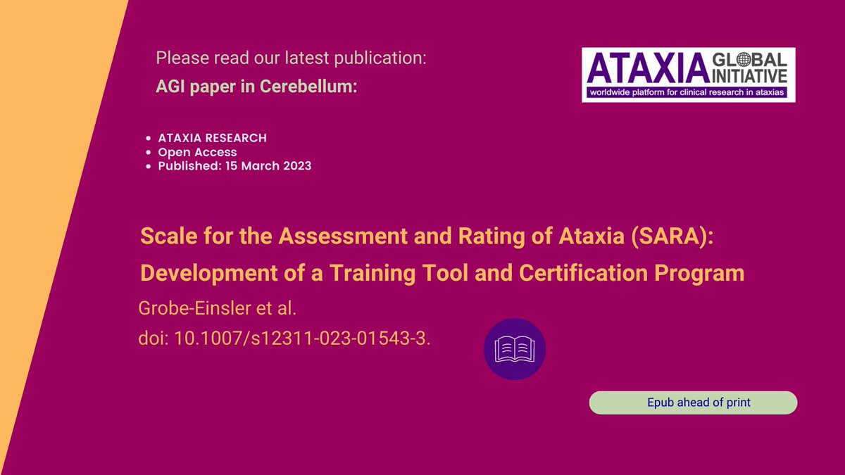 We are happy to introduce you our latest publication:

Scale for the Assessment and Rating of Ataxia (SARA): Development of a Training Tool and Certification Program pubmed.ncbi.nlm.nih.gov/36922437/ 

<a href="/NAF_Ataxia/">National Ataxia Foundation</a> <a href="/AtaxiaUK/">Ataxia UK</a> <a href="/CureFA_org/">FA Research Alliance</a> <a href="/Euroataxia/">Euro-ataxia</a> <a href="/AtaxiaIndia/">A-T Foundation (India)</a> <a href="/eurordis/">EURORDIS-Rare Diseases Europe</a> <a href="/CPathInstitute/">Critical Path Institute (C-Path)</a>