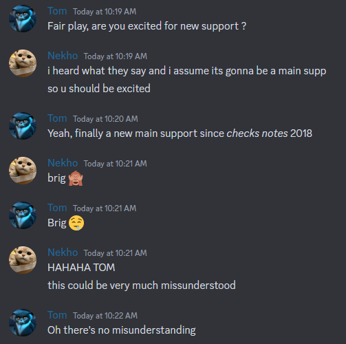 TeraVicious's tweet photo. So our supports were chatting about the new support coming next season and it seems like Tom like brig... alot. https://t.co/1OYFanmDkp