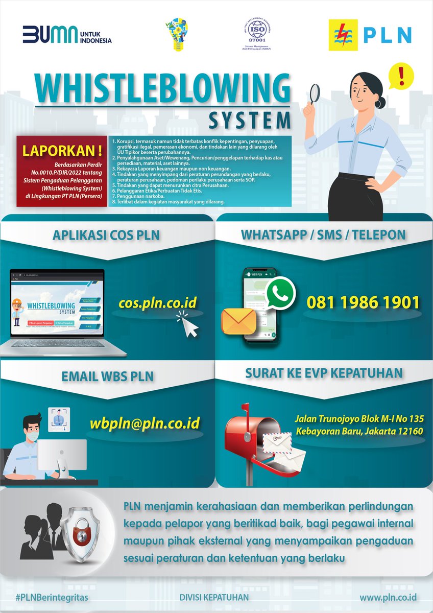 flyingd60527168's tweet photo. KOMITMEN MANAJEMEN PT PLN (PERSERO) TENTANG SISTEM MANAJEMEN ANTI PENYUAPAN (SMAP)

Dalam rangka menerapkan SNI ISO 37001:2016 tentang Sistem Manajemen Anti Penyuapan (SMAP) untuk mewujudkan PT PLN (Persero) yang lean, dengan ini Manajemen PT PLN (Persero) berkomitmen : https://t.co/AZ14WHhlMT