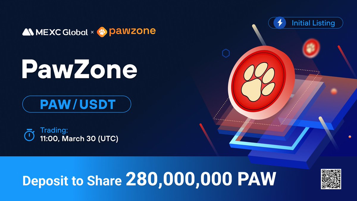 MEXC's tweet photo. 🚨#MEXC new listings alert!

📈 $PAW/USDT will list as a spot trading pair on @MEXC_Global at 11:00 on Mar 30 (UTC). 

🎁Deposit $PAW to Share 280,000,000 PAW

Details: https://t.co/xBtXxBjUOO

#Pawzone #MEXCGlobal https://t.co/w6TCU4Hr5z