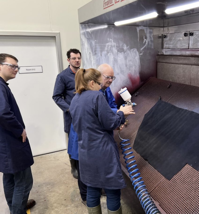 ICLTLeather's tweet photo. Thank you to Julian Osgood and Tony Beaumont from @ATC_Chemicals for delivering a finishing workshop for our 1st year students. Students learned how to finish leather to meet customer requirements and specifications. @FashionUoN @UniNorthants #studyleather https://t.co/FniRKHbml2