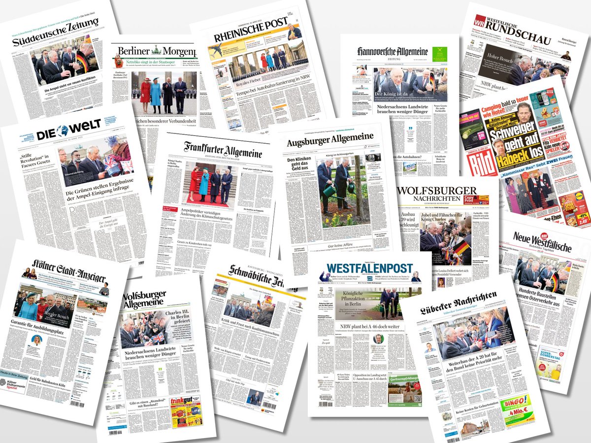 GermanEmbassy's tweet photo. The visit by His Majesty The King and Her Majesty The Queen Consort has gripped the German public and media. The state visit features on many of today's front pages. #RoyalVisitGermany https://t.co/2KtVUwTZJZ