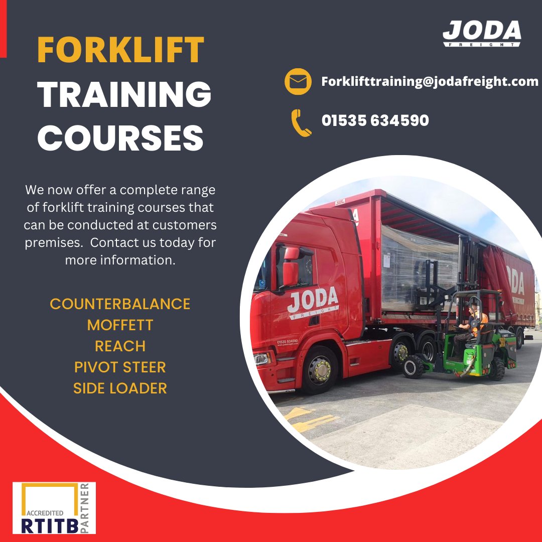 We are excited to announce we can now offer a range of forklift training courses that can be conducted at customers premises. If you are looking to book a forklift training course then please contact us by emailing forklifttraining@jodafreight.com or calling 01535 634590.