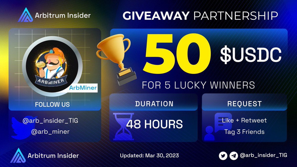 We are holding a series of Giveaway Collab

Our next guest: @arb_miner

🔥Arbitrum Insider x ArbMiner #Giveaway Collab🔥
🎁50 $USDC for 5 lucky winners

To enter: 
✅ Join telegram: t.me/ArbMiner
✅Like + RT
✅Follow: <a href="/arb_insider_TIG/">Arbitrum Insider (💙,🧡)</a> &amp; @arb_miner
✅Tag 3 Friends