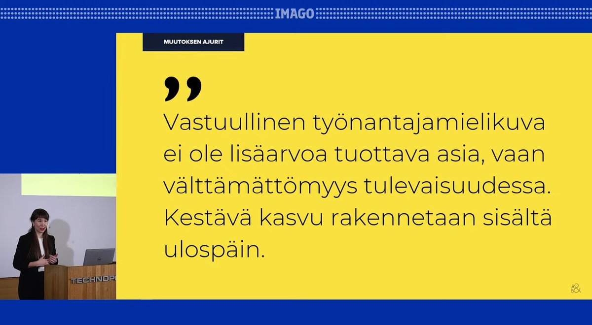 IMAGO 2023 -tapahtumassa loistavia puheenvuoroja.
<a href="/ViljaLaaksonen/">Vilja Laaksonen</a>  esityksessä kiteytyy erittäin hyvin työnantajamielikuvan rooli nyt ja tulevaisuudessa. Työnantajamielikuva rakennetaan yrityksen strategian pohjalta, sisältä ulospäin. 
#imago2023 #imago #työnantajamielikuva