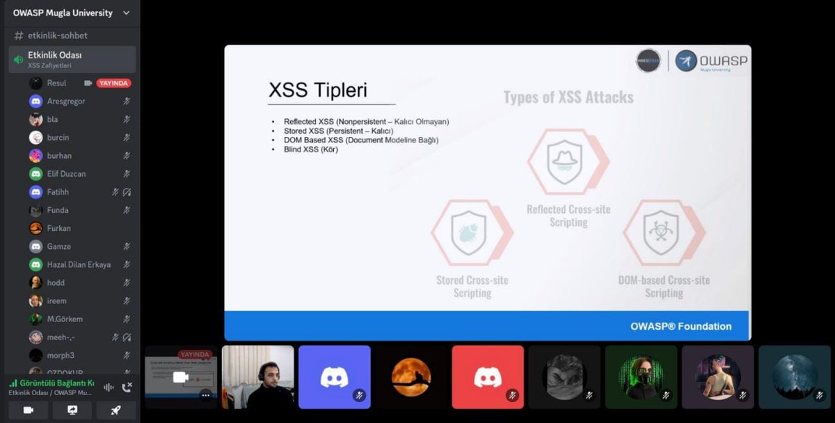 OWASP Mugla University &amp; MSKU Siber Güvenlik Topluluğu olarak 28 Kasım Salı günü konuşmacımız Resul Bozburun (<a href="/rslbzbrn/">Resul Bozburun</a> ) tarafından sunulan "Web Uygulama Zafiyetleri: Cross Site Scripting (XSS)" isimli etkinliğimizi gerçekleştirdik. Konuşmacımıza ve katılımcılarımıza teşekkürler