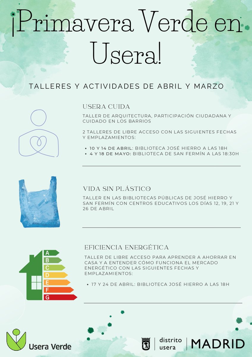 jmd_usera's tweet photo. 🔊 Siguen los #talleres de #UseraVerde en #BPMSanFermín y la José Hierro @LIbrosCMadrid
👉Arquitectura y cuidados; 10 y 14 abril y 4 y 18 de mayo.
👉Eficiencia energética; 17 y 24 de abril.
🗯 ¡AGOTADAS PLAZAS! en los monográficos sobre plásticos.
👉https://t.co/amXMUOtE5U https://t.co/sPhLmDvojj