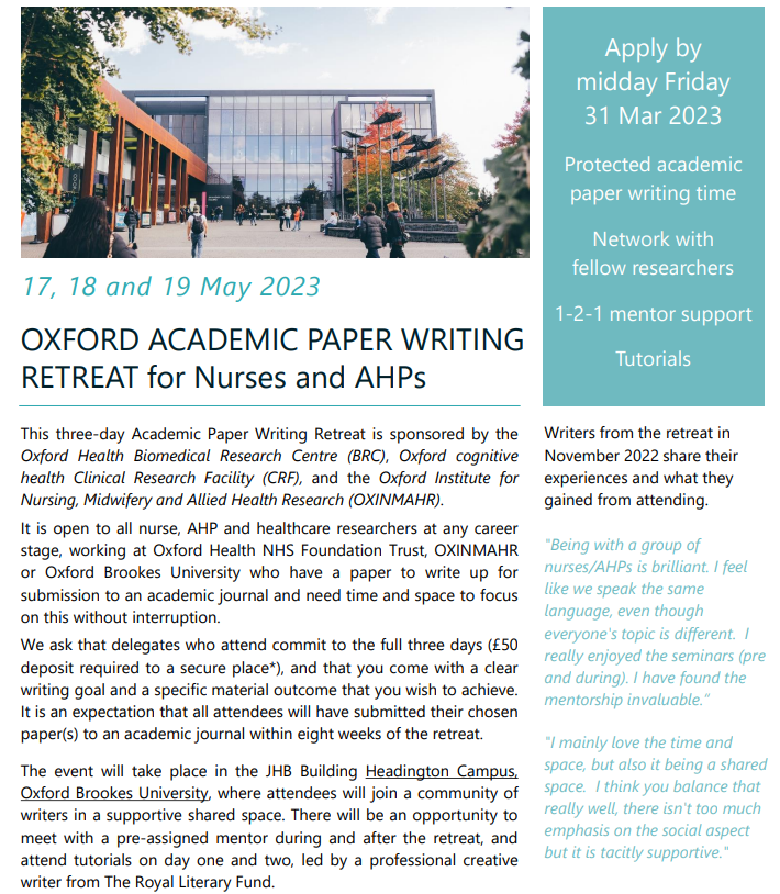 Are you a #nurse, AHP or healthcare researcher working on a paper for submission to an academic journal? Join this writing retreat 👇 Open to those working @OxfordHealthNHS, @OxINMAHR & #oxfordbrookes DEADLINE TO APPLY TOMORROW oxford.onlinesurveys.ac.uk/oxford-academi…