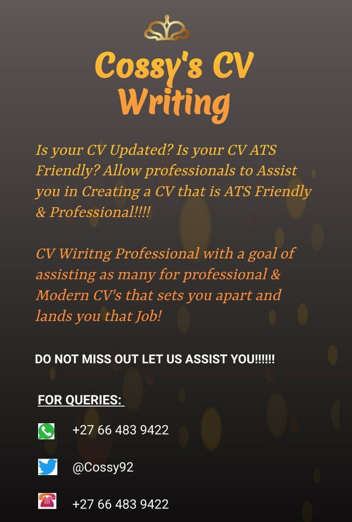 Cossy92's tweet photo. We are here to Assist you with your professional CV for more information WhatsApp 066 483 9422 or DM @Cossy92
#JobSeekersSA #DJSBU https://t.co/GlRGHmgd58