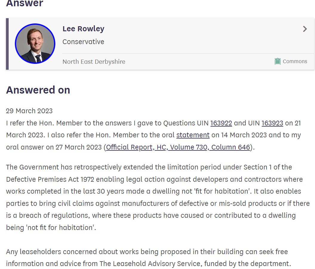 I asked LUHC what they were doing for leaseholders in blocks below 11m. 

Disappointed to be told the only real option or support from Govt is for leaseholders to take legal action.

How can they afford this when they're facing bills of £20,000 like my constituent?