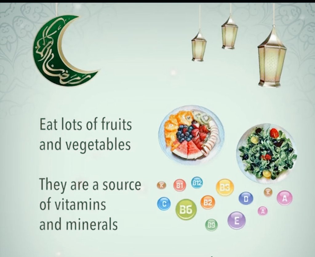 Eating vegetables and fruit will quench your thirst at night because they are rich in water but also provide fibers, vitamins, and minerals.

#HealthForAll_ByAll 
#HealthierRamadan 
#StayHealthy