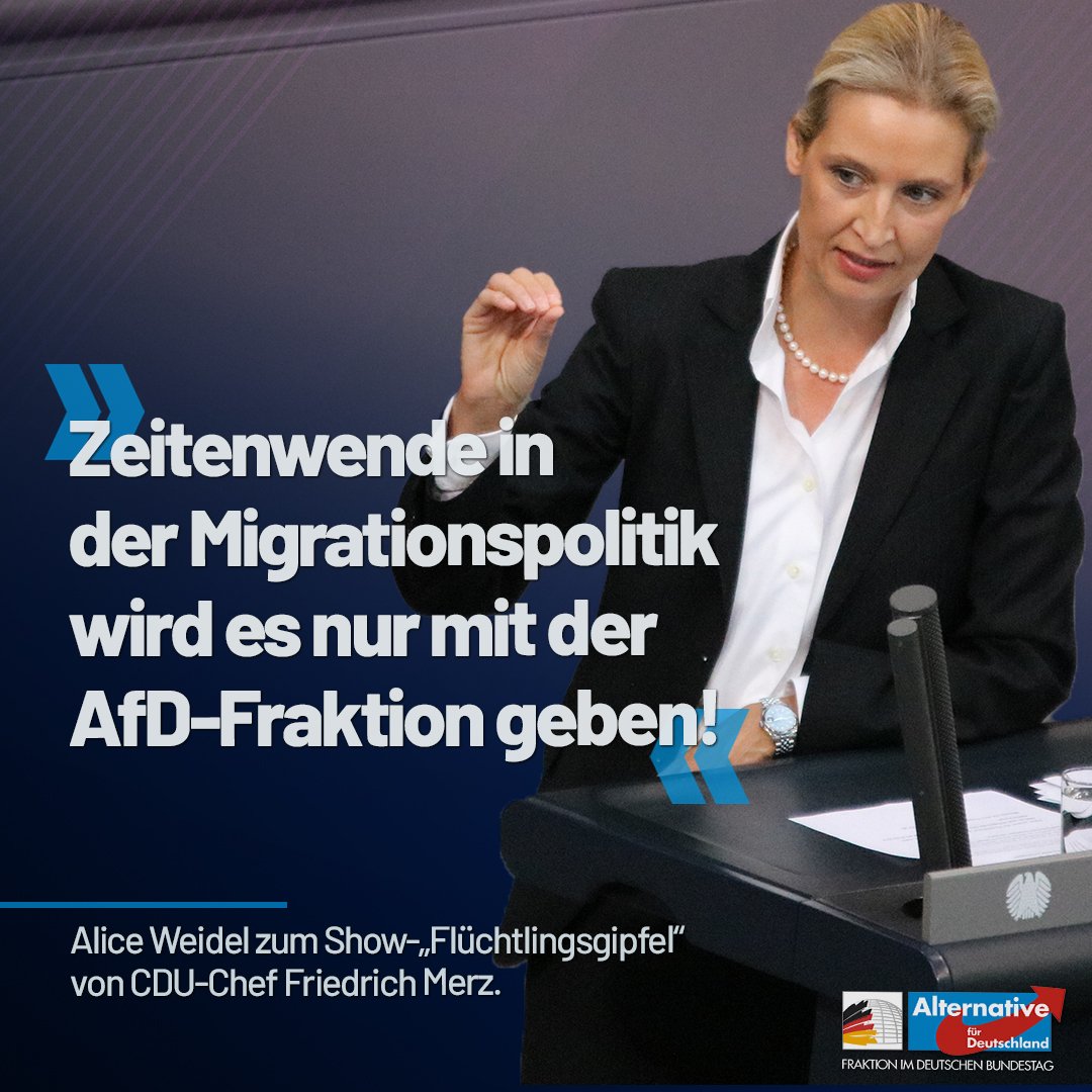 AfDimBundestag's tweet photo. Dass sich nun ausgerechnet Friedrich #Merz diese Woche mit einem eigenen Show-,#Flüchtlingsgipfel‘ und einem Positionspapier zur Asyl- und #Flüchtlingspolitik versucht zu profilieren, ist pure Heuchelei und fast schon unverschämt, so @Alice_Weidel. 
https://t.co/wgHyDIGL2Z https://t.co/79QLB8ZZ9a