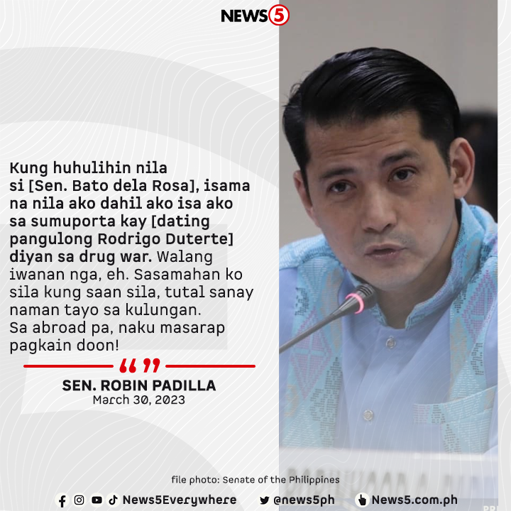 News5PH's tweet photo. "KUNG HUHULIHIN NILA SI BATO, ISAMA NA NILA AKO"

Handa aniyang dumeretso sa kulungan si Sen. Robin Padilla kung ipaaaresto ng International Criminal Court #ICC ang kasamahan niya sa Senado na si Sen. Bato dela Rosa. #News5 | via @maeannelosbanos https://t.co/353WTcJ1JL