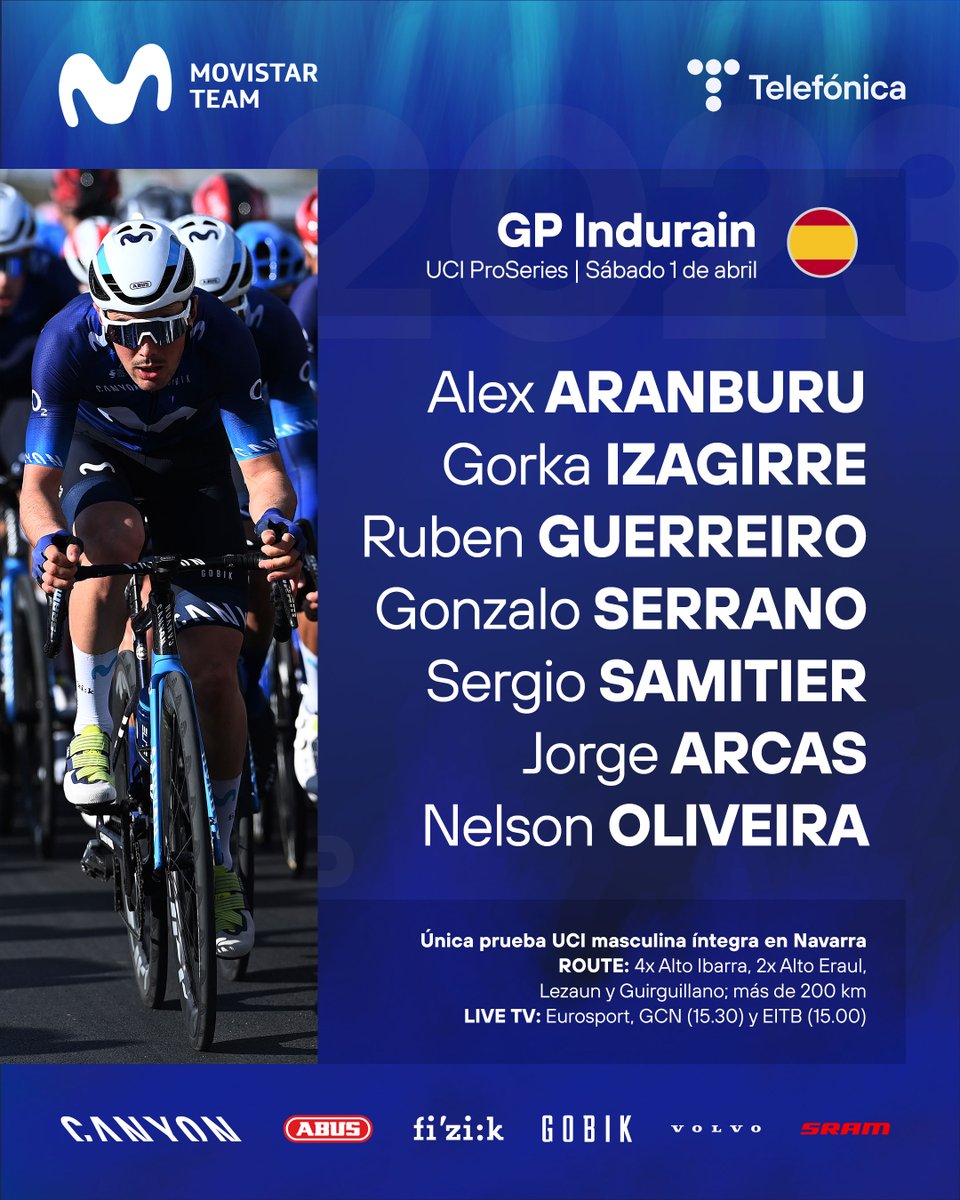 Movistar Team (@movistar_team) on Twitter photo Llega la prueba de casa. El próximo sábado, #GPIndurain en Estella. Como siempre, motivados y con ganas. <a href="/GPIndurainSN/">Gran Premio Miguel Indurain Sari Nagusia</a>
Ⓜ️ <a href="/aranburualex/">alex</a> Izagirre <a href="/Rguerreiro94/">Ruben Guerreiro</a> Serrano <a href="/SergioSamitier/">Sergio Samitier</a> <a href="/Arcas92/">Jorge Arcas</a> <a href="/Nelsoliveira89/">Nelson Oliveira</a>
📙 bit.ly/GuiaIndurain23 Llega la prueba de casa. El próximo sábado, #GPIndurain en Estella. Como siempre, motivados y con ganas. <a href="/GPIndurainSN/">Gran Premio Miguel Indurain Sari Nagusia</a>
Ⓜ️ <a href="/aranburualex/">alex</a> Izagirre <a href="/Rguerreiro94/">Ruben Guerreiro</a> Serrano <a href="/SergioSamitier/">Sergio Samitier</a> <a href="/Arcas92/">Jorge Arcas</a> <a href="/Nelsoliveira89/">Nelson Oliveira</a>
📙 bit.ly/GuiaIndurain23