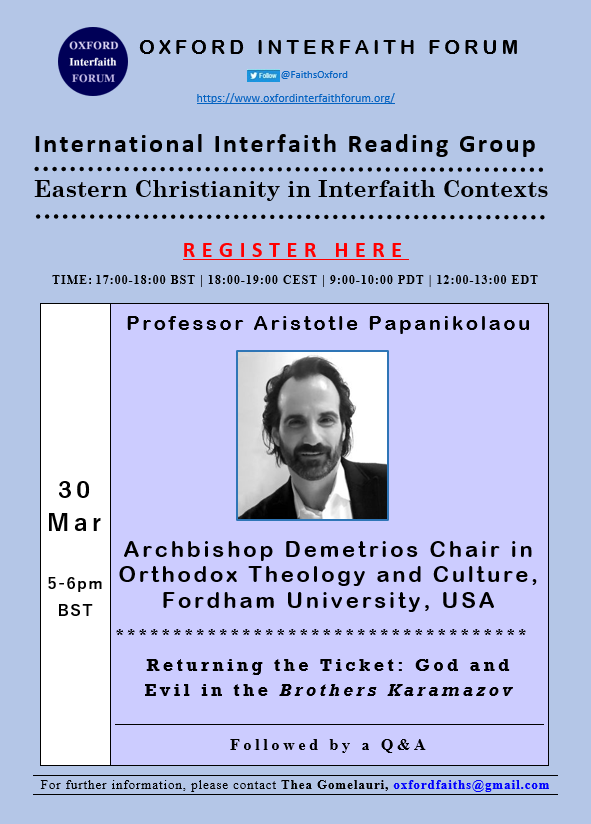 FaithsOxford's tweet photo. ๐จ#Dostoevsky in #Interfaith Contexts๐จ
๐Returning the Ticket: God and Evil in the Brothers #Karamazov
๐Prof Aristotle Papanikolaou @atpapanik @FordhamNYC @FordhamOrthodox
๐๏ธ 30 March
โฐ5pm BST | 9am PDT | 12noon EDT
๐ online
More info and registration ๐ https://t.co/mcb94u7koO