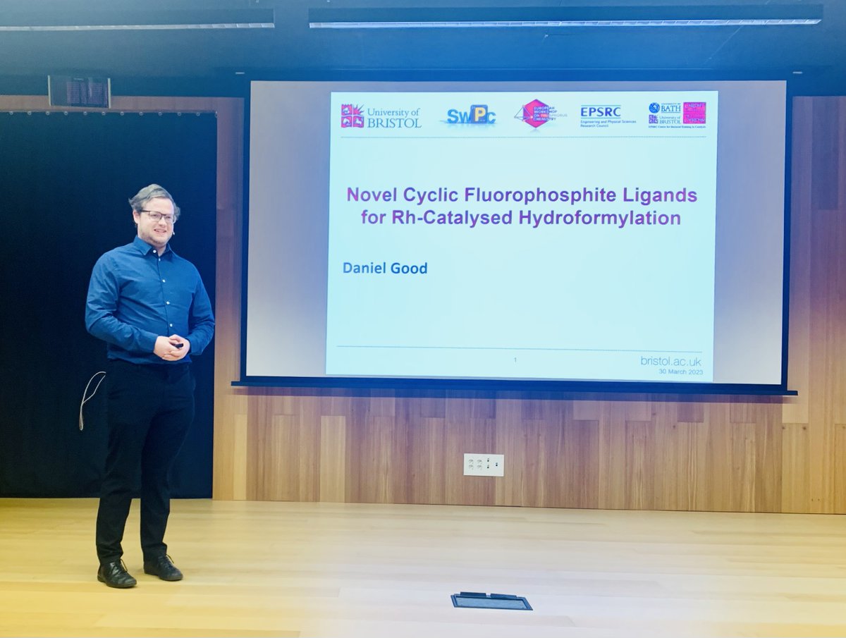 PhosChemSpain's tweet photo. Daniel Good from @BristolUni is finishing off this morning’s session with his talk on novel cyclic fluorophosphite ligands for Rh-catalysed hydroformylation at #19EWPC #3SWPC. ⚗️ https://t.co/v4rn7iofNC