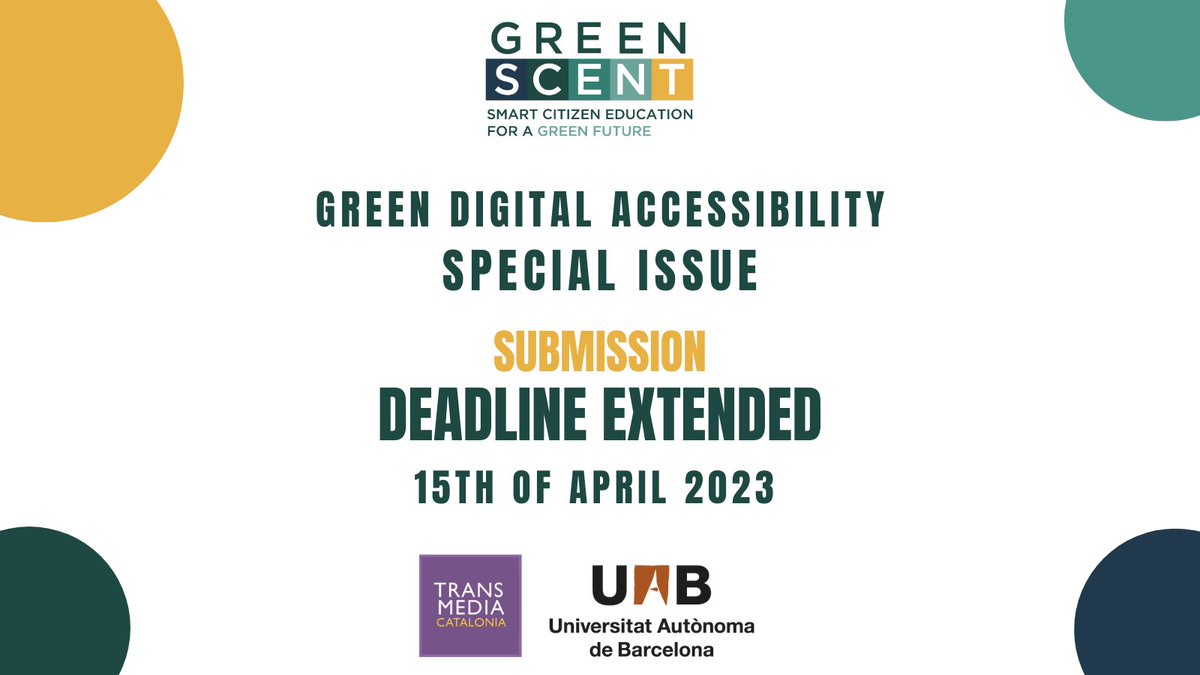 Greenscent_eu's tweet image. 📣Attention researchers &amp;amp; experts! The deadline for the #GreenDigitalAccessibility Special Issue has been extended to April 15th, 2023. Don&apos;t miss out on the opportunity to explore sustainable solutions for digital accessibility. Submit your article now 👉 lnkd.in/djMsUsK3