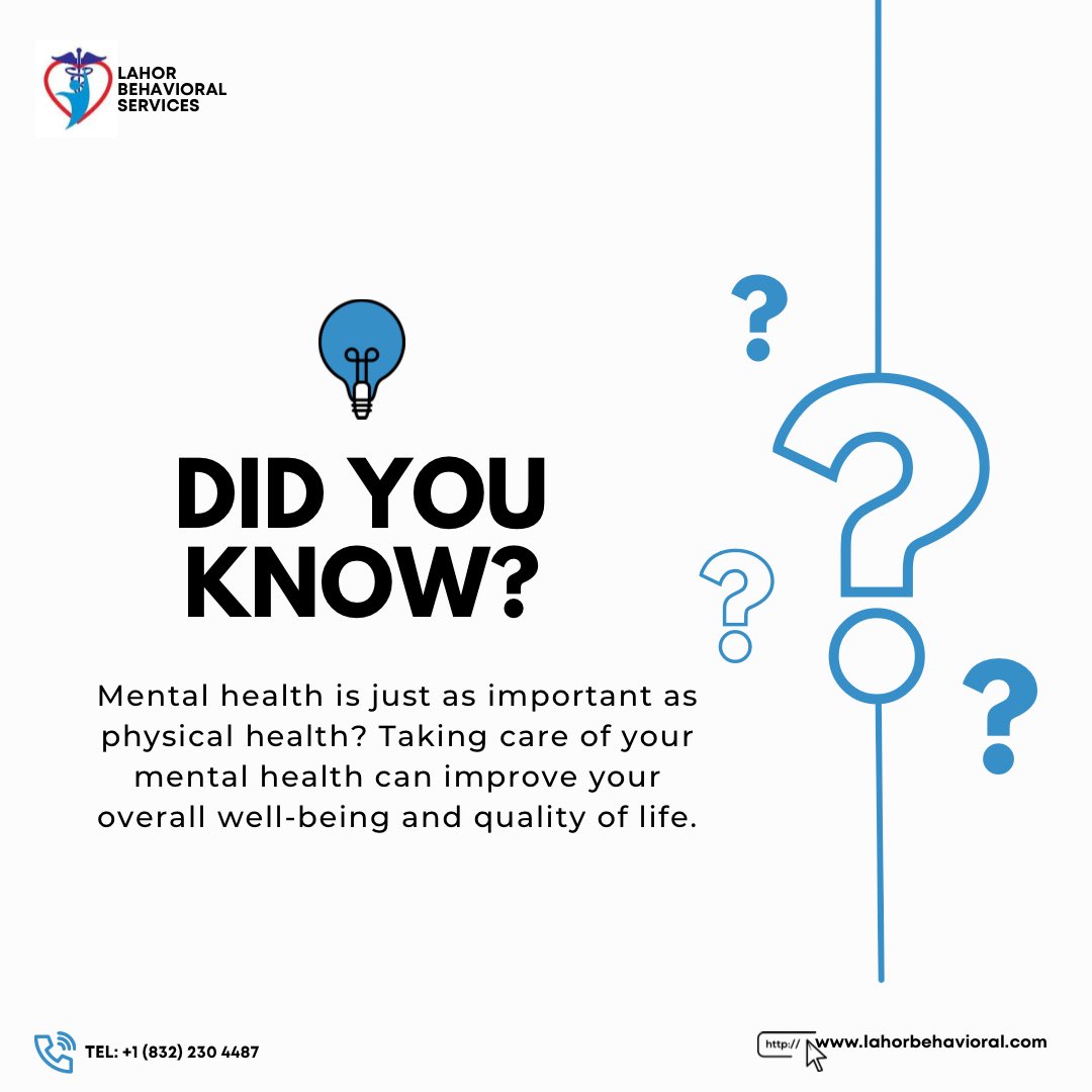 lahorbehavioral's tweet photo. Did you know that mental health is just as important as physical health?

Taking care of your mental health can improve your overall well-being and quality of life.

We are here to help; Give us a call today!

#Lahorbehavioral #Mentalhealth #didyouknow #didyouknowfacts https://t.co/zoImjLSjC2