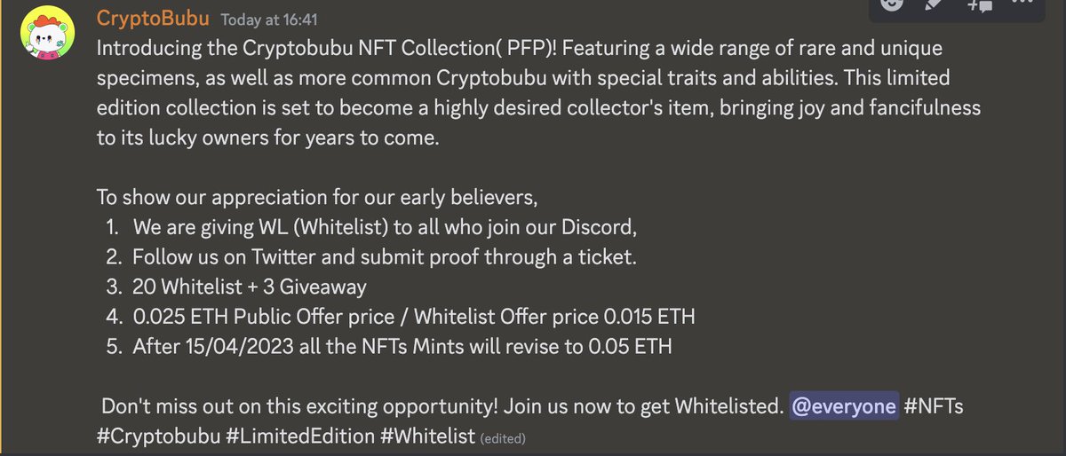 cryptobubunfts's tweet photo. Don't miss out on this exciting opportunity! Join us now to get Whitelisted. #everyone #NFTs #Cryptobubu #LimitedEdition #Whitelist 

Discord: https://t.co/uwpx9ZBxPA https://t.co/ziRm97qxbX