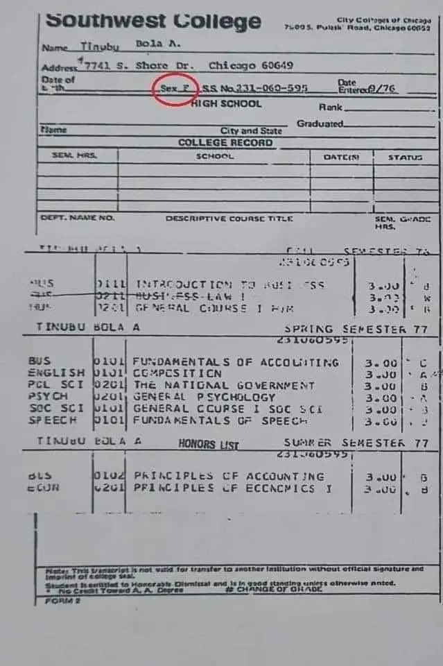 Chicago University record shows a female "Tinubu Bola A" was a student. Now we have a male Bola Ahmed Tinubu claiming to be same person.

Is Tinubu a transgender?

No offence to LGBTQRSTUVWXYZ people o 😂