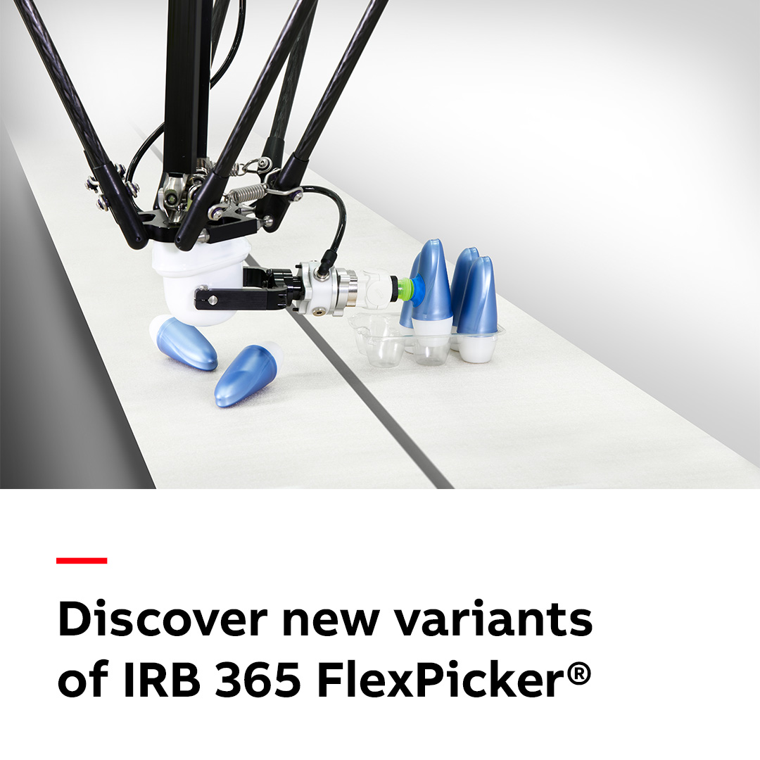ABBRobotics's tweet photo. ABB’s IRB 365 #FlexPicker® Delta Robot has 2 new variants: The 800mm variant w/ a shorter diameter increases robot density, leading to a reduction in floor space & the 1300mm variant with a larger diameter is intended for use w/ a wider conveyor system. https://t.co/HDdDkdr7p9 https://t.co/iJfZeQFua0