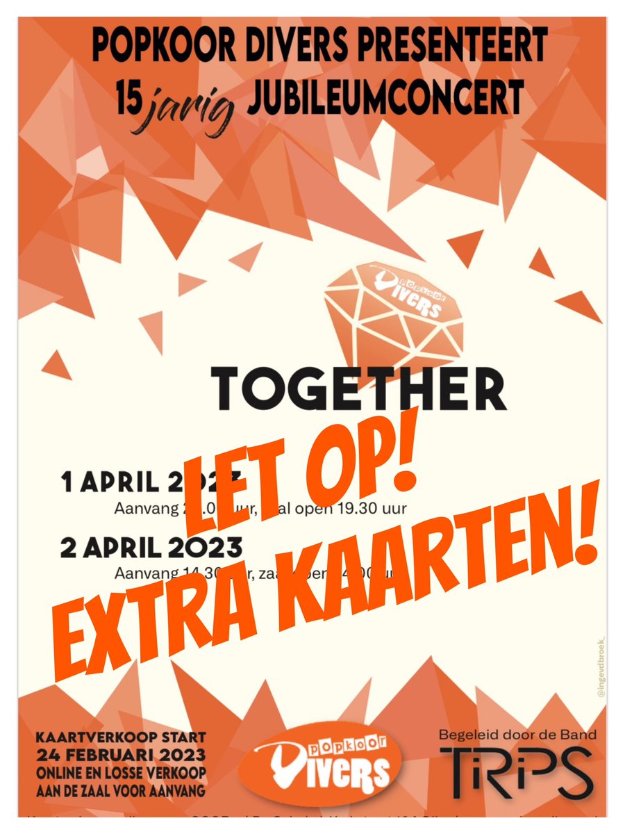 EXTRA EXTRA! 

EXTRA KAARTEN VOOR JUBILEUMCONCERT POPKOOR DIVERS! 

Er zijn extra kaarten beschikbaar voor de jubileumconcerten van Popkoor Divers dit weekend in De Schakel. Deze kaarten zijn UITSLUITEND te koop bij de kassa van De Schakel, dus niet via de website.
€10