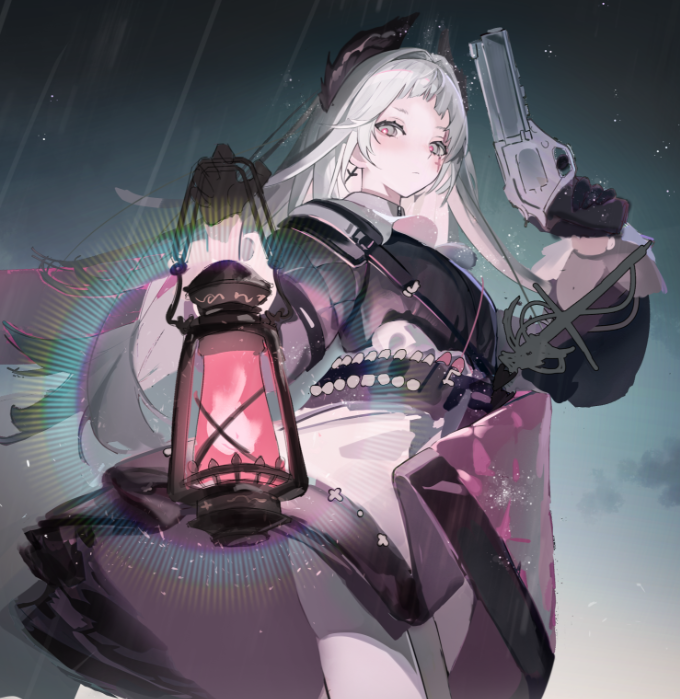 irene (arknights) 1girl gun weapon solo holding lantern white pantyhose  illustration images