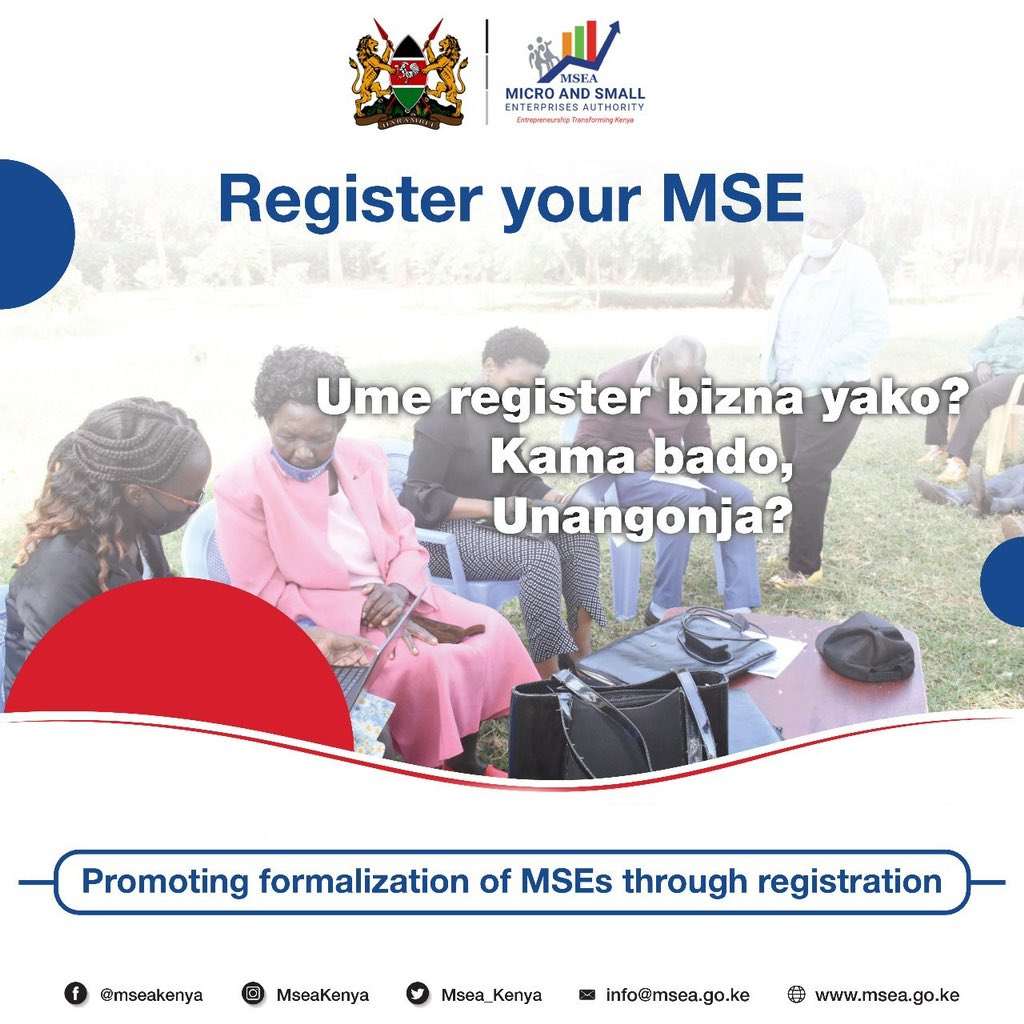 MSEA_Kenya's tweet photo. MSE FORMALIZATION
To register your individual business, group or association click https://t.co/1hxP1vneGf or visit MSEA offices around the country https://t.co/C2UVieNbqp or call MSEA Registrar Customer Care [Mobile] 0111 028000. #MSEFormalization @Cooperatives_KE @CsChelugui https://t.co/GsCvJfOvCd