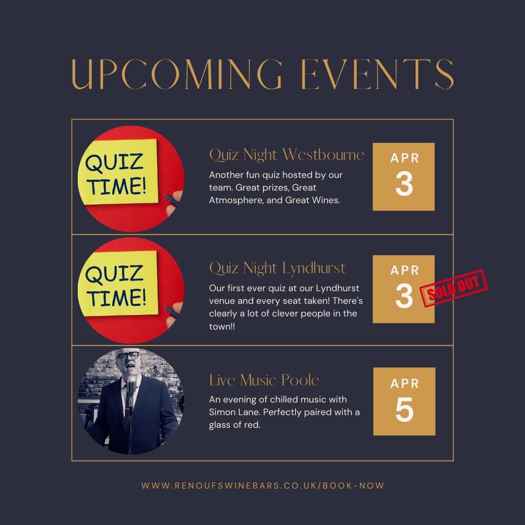 3 great events for your diaries next week.

We still have spaces for our Westbourne Quiz on Monday and Live music event in Poole with Simon Lane on Wednesday.

To reserve tables, please visit renoufswinebars.co.uk/book-now

#renoufs #quiznight #livemusic