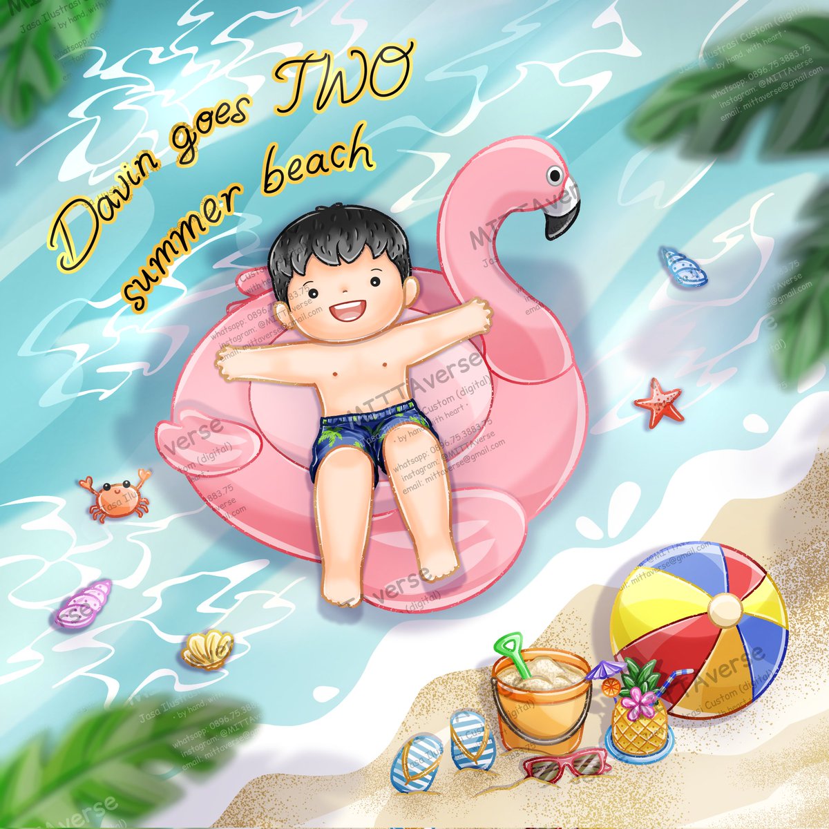 mittaverse's tweet photo. Commission Opened.
Summer theme for birthday boy 🧒🏻🦩🌊🐚🦀🩴🍍👓⛱️🪣🌞
Yg mau bikin gambar ilustrasi yuk merapat 😀
Mau tanya2 dl boleeehh..  Via wa: 089675388375 https://t.co/PQk5wz0VUH